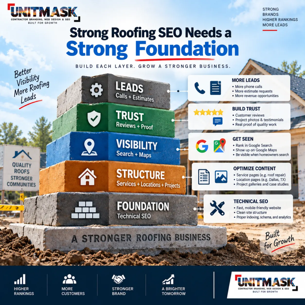 Strong Roofing SEO Needs a Strong Foundation Roofing SEO foundation showing technical SEO, service and location pages, Google Search and Maps visibility, reviews and proof leading to calls and estimates.