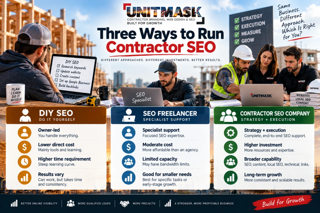 Contractor SEO company vs freelancer vs DIY SEO comparison for U.S. construction businesses