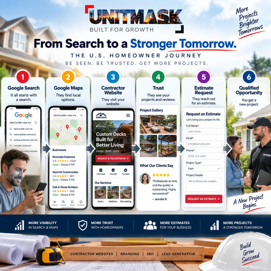 Contractor SEO Customer Journey — Search to Qualified Lead U.S. contractor SEO customer journey from Google Search and Maps to contractor website, trust, estimate request, and qualified lead.