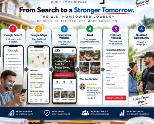 U.S. contractor SEO customer journey from Google Search and Maps to contractor website, trust, estimate request, and qualified lead.