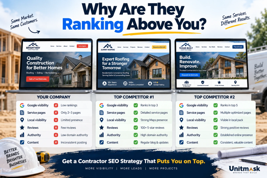 Why Are Your Contractor Competitors Ranking Above You? Contractor SEO comparison showing why top competitors rank higher through Google visibility, service pages, local SEO, reviews, authority, and content