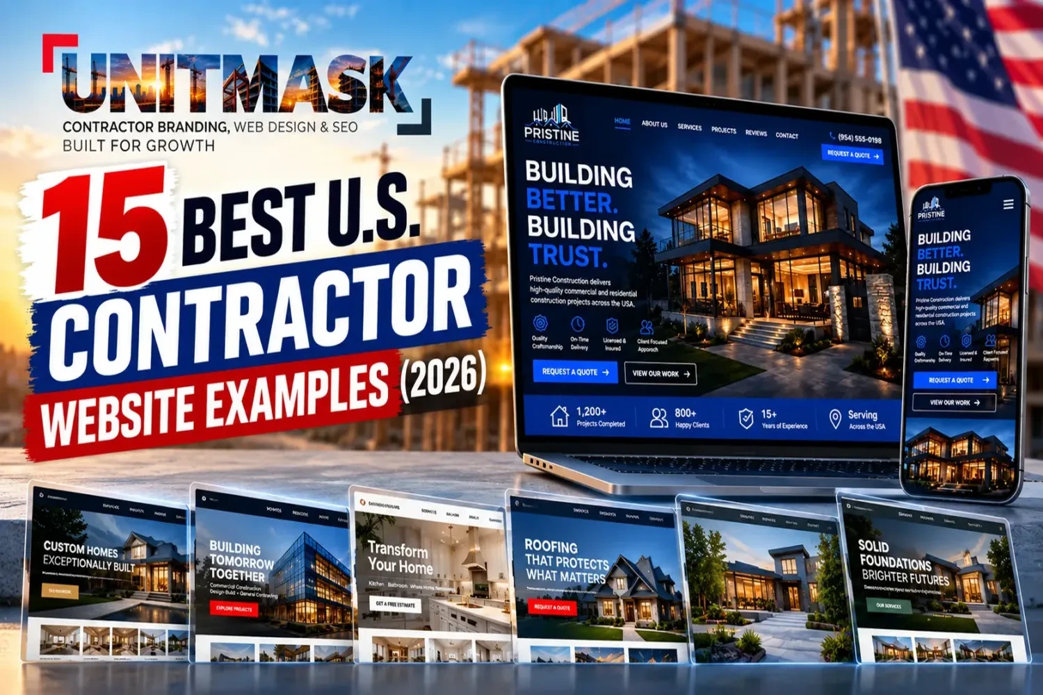 Cover graphic for 15 best U.S. contractor website examples in 2026, featuring desktop and mobile construction website designs by Unitmask.