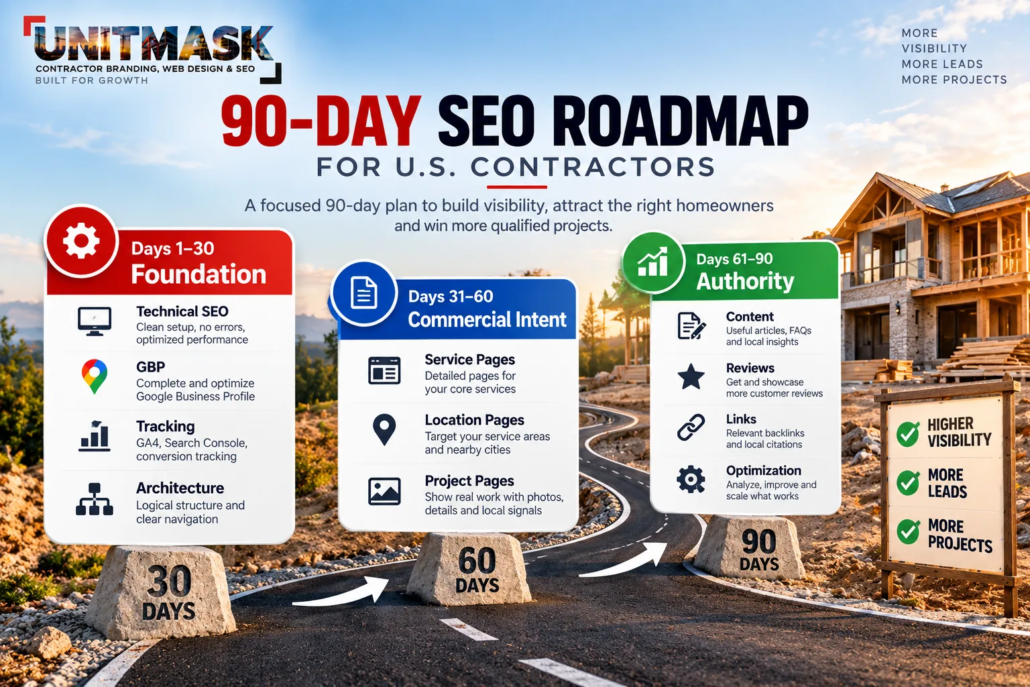 90-day-seo-roadmap-us-contractors-unitmask 90-day SEO roadmap for U.S. contractors covering technical SEO, Google Business Profile, service and location pages, content, reviews and backlinks