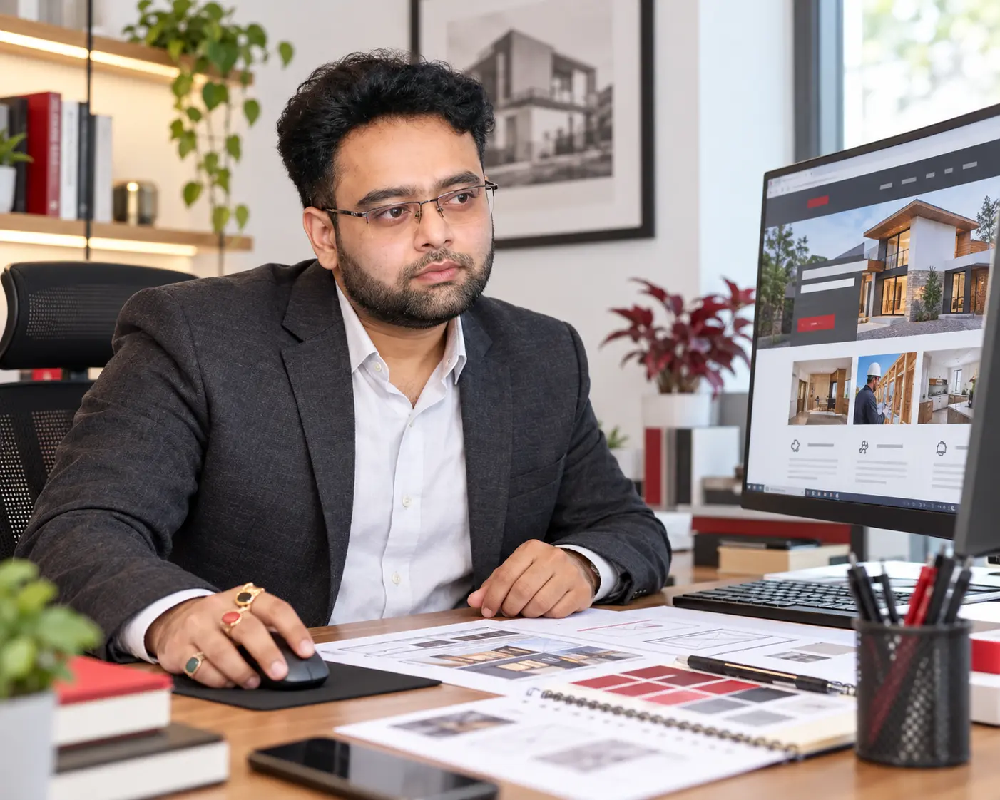 Sayan Pal working on a contractor website design project at a desk in an office setting.