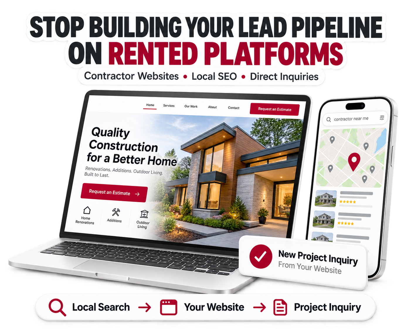 Contractor website on a laptop beside mobile local search results and a project inquiry notification.