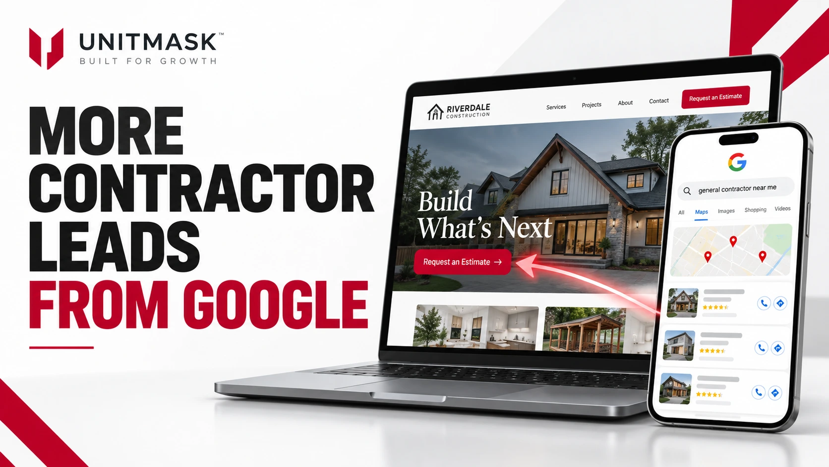 Contractor website and local Google search mockups illustrating how U.S. contractors can attract project inquiries.