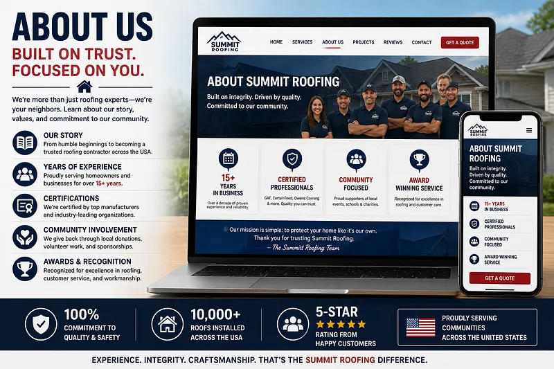Roofing Company About Us Page Design Example Roofing company About Us page design featuring team photos, certifications, company experience, and mobile layout.