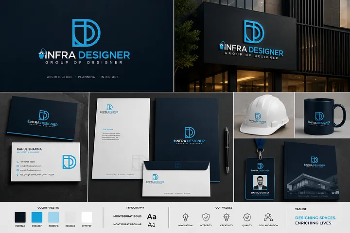 architecture-construction-company-logo-design-usa Blue geometric INFRA DESIGNER logo with architectural firm branding on business cards, office signage, hard hat, stationery and company brochure.