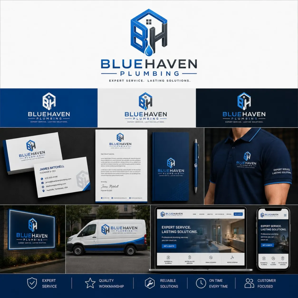 Modern Plumbing Company Logo Design & Brand Identity USA Bluehaven Plumbing logo featuring a blue and gray BH house monogram with water droplet, shown on service van, polo shirt, business cards, signage and website mockups.