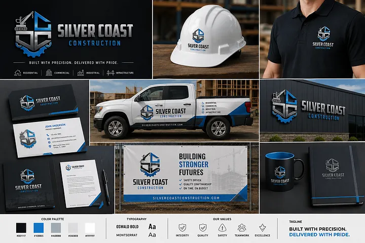 Commercial & Industrial Construction Company Logo Design USA Silver and blue Silver Coast Construction logo featuring geometric building graphics on a contractor truck, hard hat, polo shirt, signage and business cards.