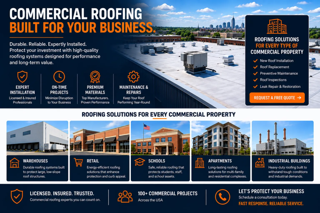 Commercial Roofing Website Design for U.S. Contractors Commercial roofing website design showcasing flat roof installation, roof replacement, maintenance, and roofing solutions for warehouses, retail stores, schools, apartments, and industrial buildings in the USA.