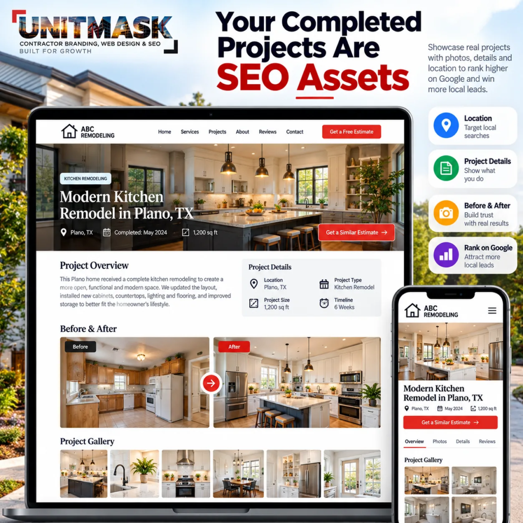 completed-projects-seo-assets-us-contractors-unitmask Contractor project page example showing a kitchen remodel in Plano Texas with project details, before and after photos and estimate CTA
