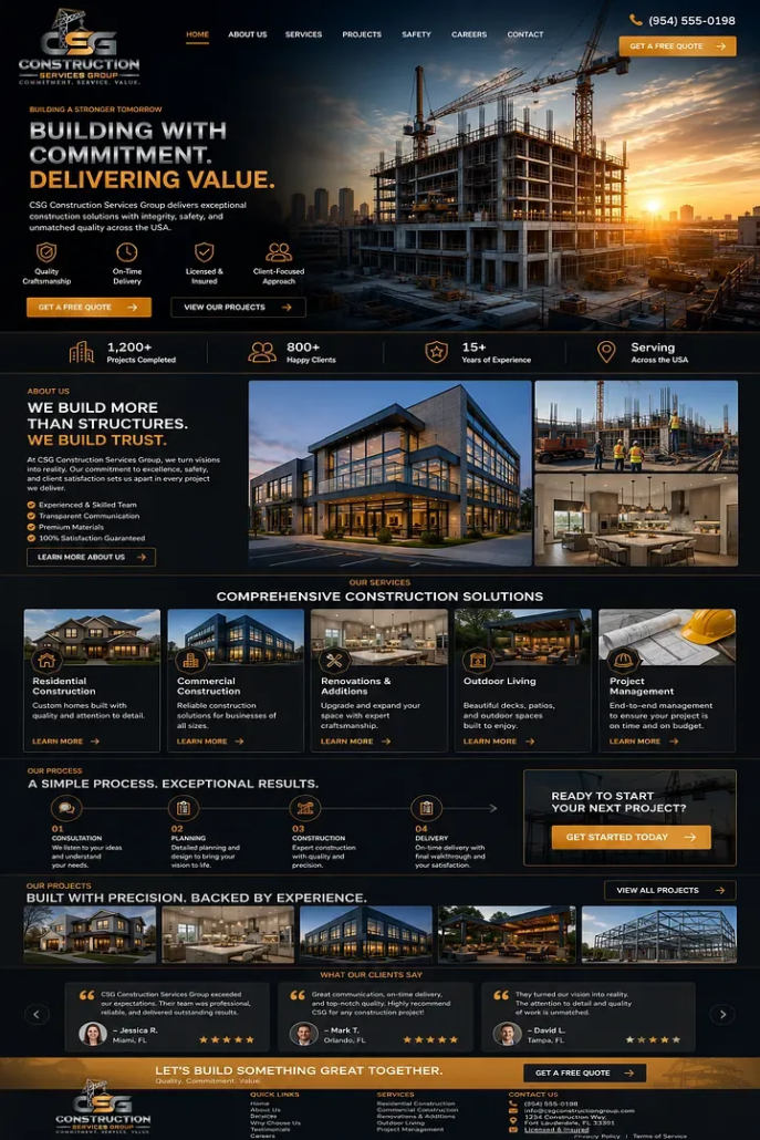 Concrete Contractor Website Design Example USA Concrete contractor website design example for a U.S. concrete company showcasing professional branding, concrete services, project photography, and estimate request options.