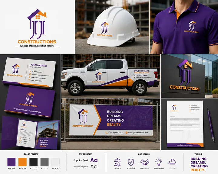 Modern Construction Company Logo & Branding Design for U.S. Contractors Purple and orange JJ Constructions logo design with hard hat, truck wrap, business cards and branded uniforms for a U.S. construction company.