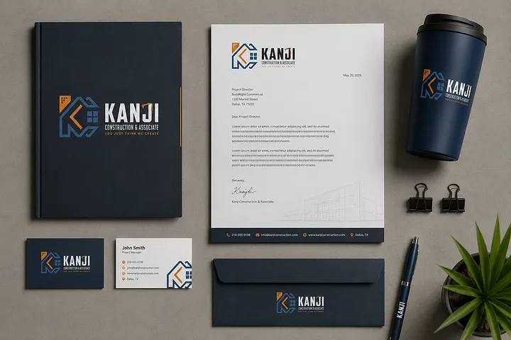 Construction Consulting & Project Management Company Logo USA Blue and orange Kanji Construction & Associate logo featuring geometric building and letter K graphics on business cards, letterhead, notebook and travel mug.