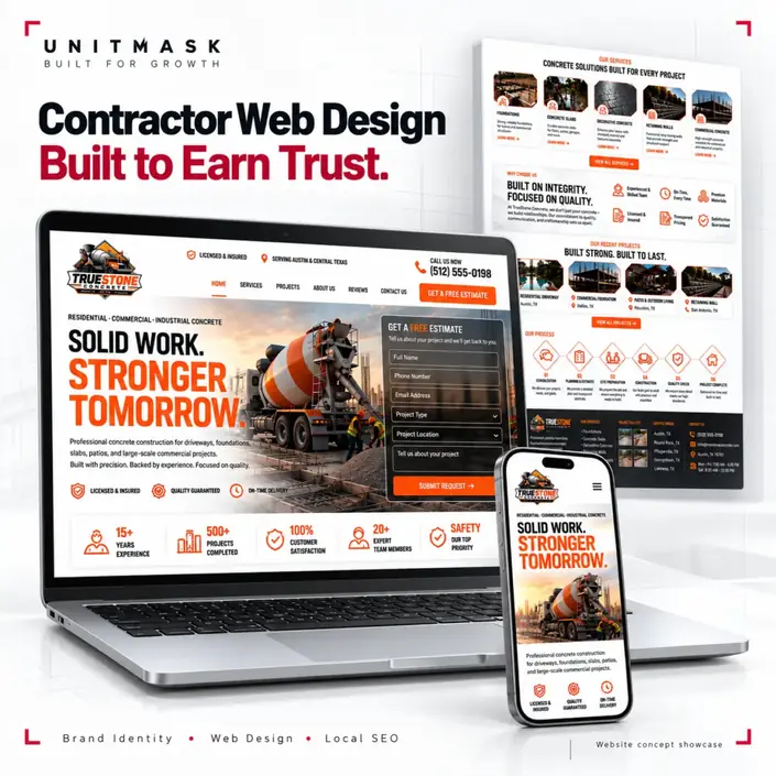 contractor-web-design-branding-unitmask-usa Marketing for contractors illustrated with brand materials, a responsive website and a search dashboard