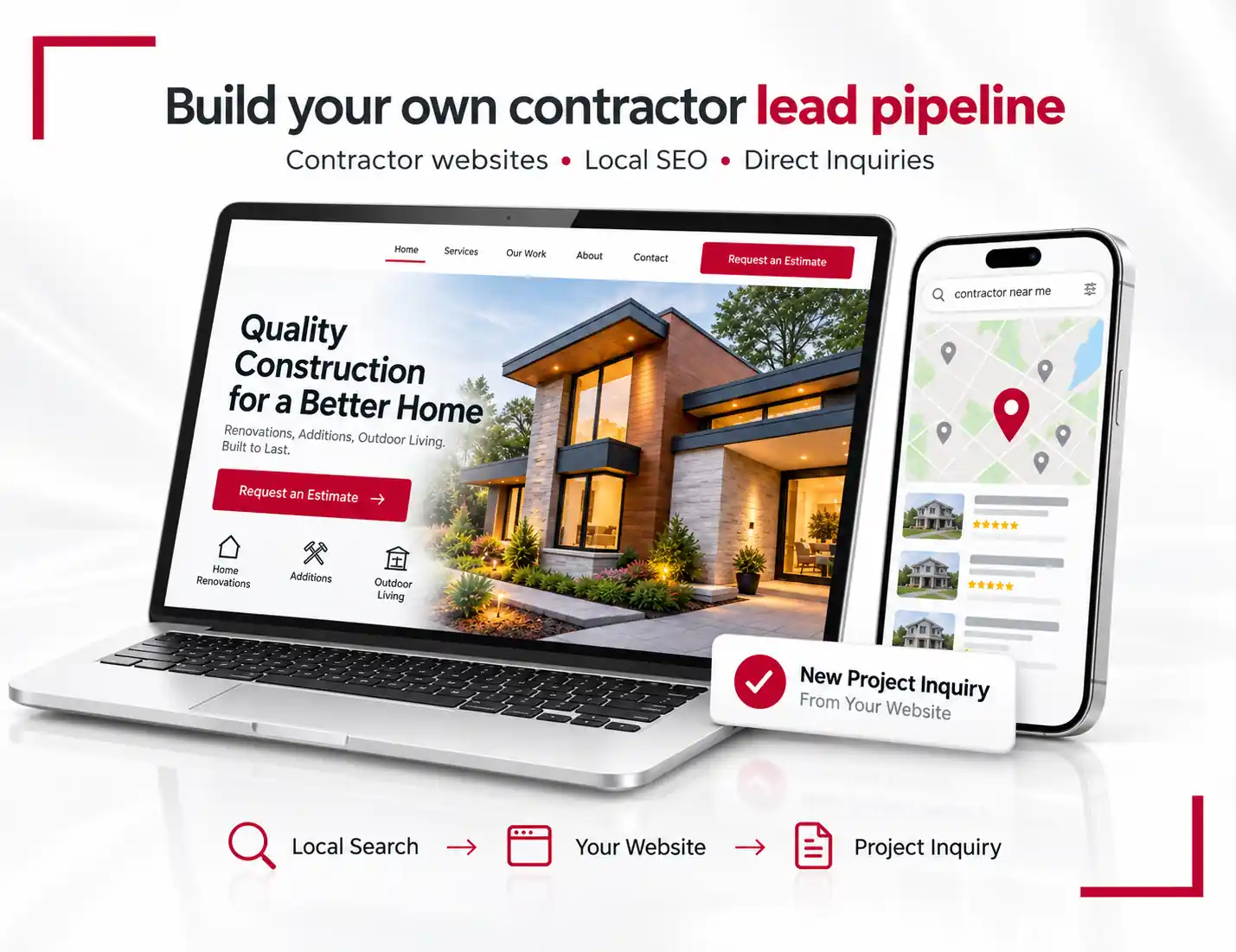 Contractor website on a laptop beside mobile local search results and a project inquiry notification.