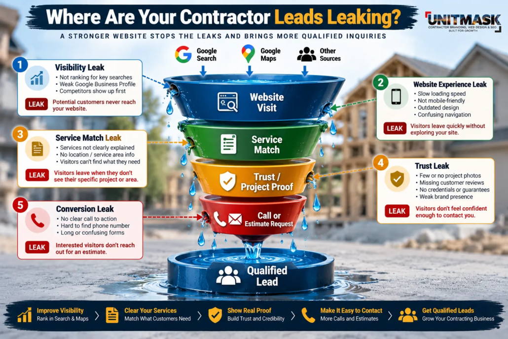 Contractor website lead-loss funnel showing how U.S. construction businesses lose potential leads through poor Google visibility, weak website experience, unclear services, missing project proof, and difficult estimate requests.