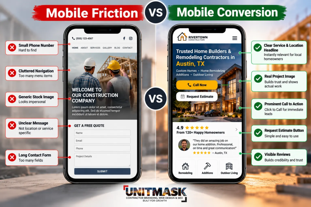 Mobile contractor website comparison showing poor navigation, generic images, and long forms versus clear services, Austin TX location targeting, customer reviews, and prominent estimate buttons.