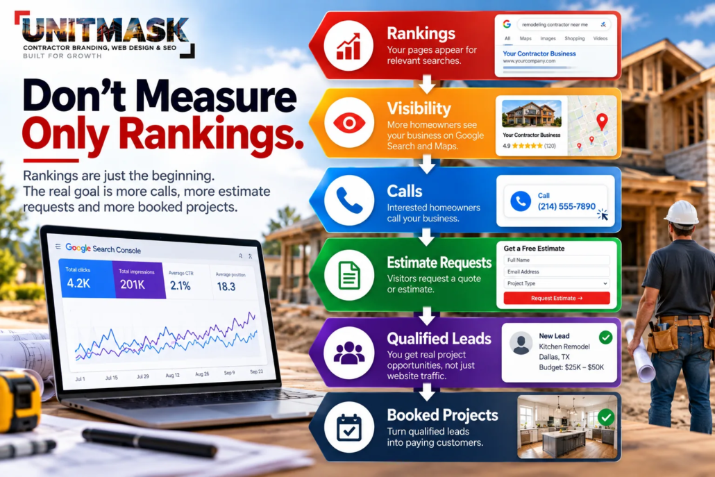 contractor-seo-kpi-dashboard-qualified-leads Contractor SEO KPI dashboard showing the journey from Google rankings and visibility to calls, estimate requests, qualified leads and booked projects