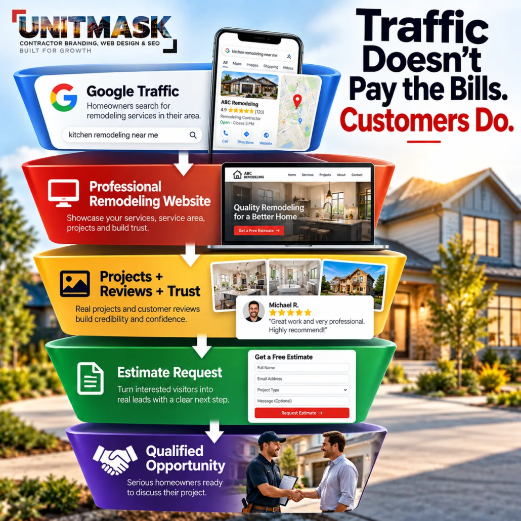 contractor-seo-traffic-to-qualified-leads-funnel Contractor SEO conversion funnel showing Google traffic moving through a remodeling website, projects and reviews, estimate requests and qualified leads