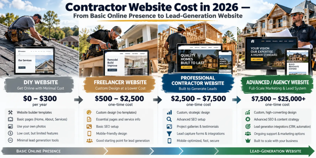 Contractor website cost in 2026 comparing DIY, freelancer, professional contractor and agency websites for U.S. construction businesses.