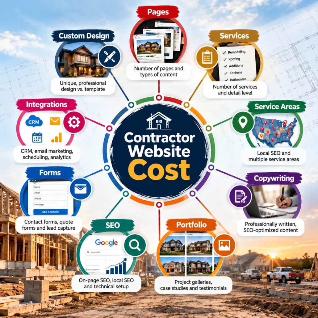 Contractor website cost factors including pages, services, service areas, copywriting, portfolio, SEO, forms, integrations and custom design.