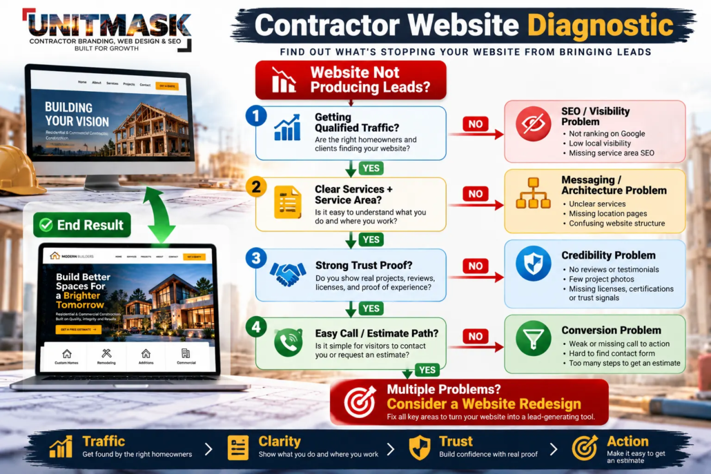 Contractor website diagnostic flowchart showing four reasons U.S. construction websites lose leads: poor SEO visibility, unclear services, weak trust signals, and difficult estimate requests.