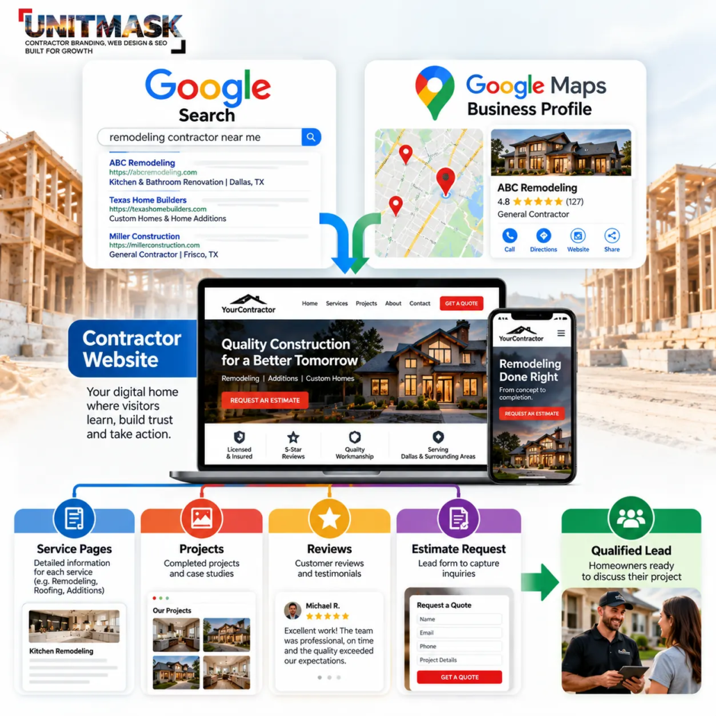 Contractor website lead generation process showing Google Search and Maps driving U.S. homeowners to service pages, projects, reviews and estimate request forms.