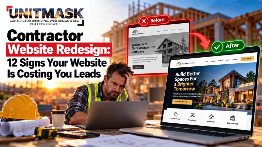 Contractor website redesign before-and-after comparison showing an outdated construction website versus a modern, lead-generating website for U.S. contractors.