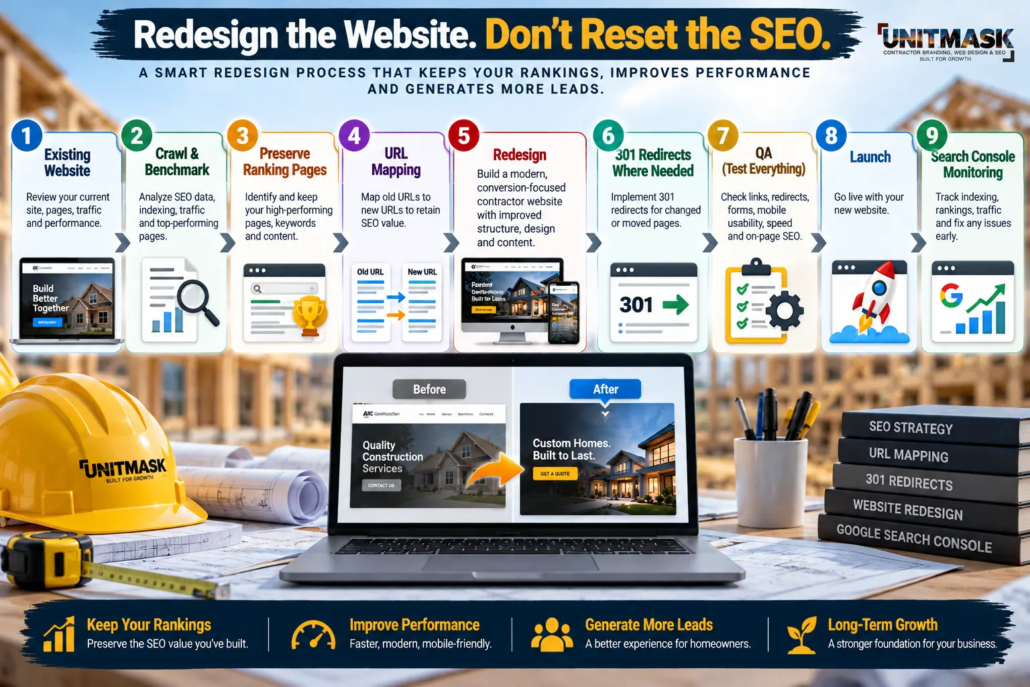 Nine-step contractor website redesign SEO migration process showing site audits, ranking page preservation, URL mapping, 301 redirects, quality testing, launch, and Google Search Console monitoring.