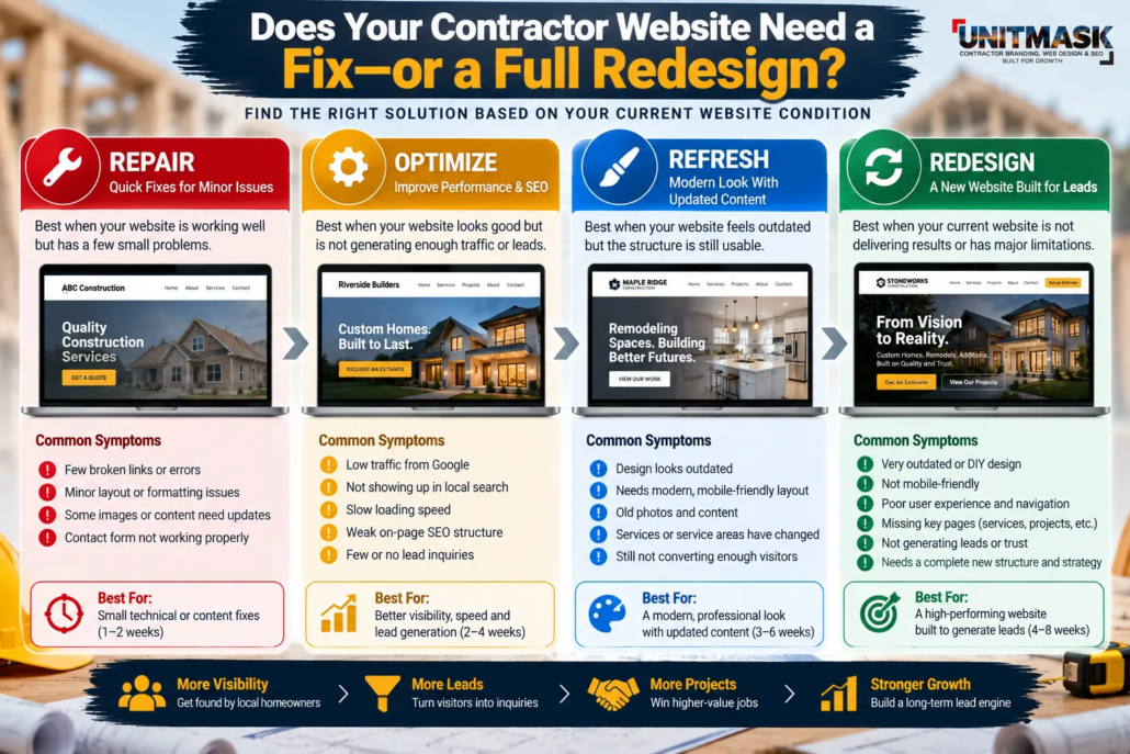 Contractor website redesign decision matrix comparing repair, optimization, refresh, and full redesign options based on technical issues, SEO performance, outdated design, and lead-generation problems.