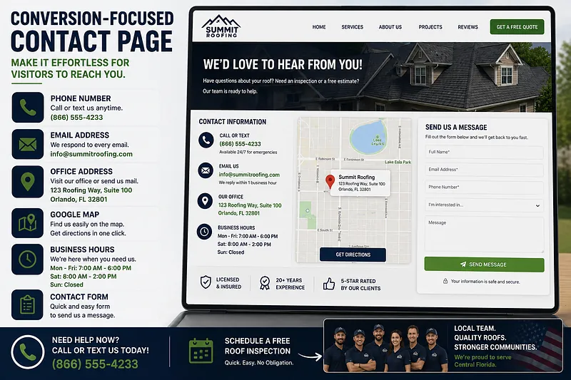 Conversion-Focused Roofing Website Contact Page Roofing contractor contact page design with quote request form, business contact details, office hours, and location map.