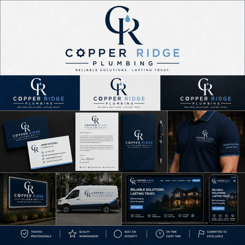 Premium Plumbing Company Logo & Brand Identity Design USA Copper Ridge Plumbing logo featuring an elegant CR letter monogram and blue water droplet, displayed on business cards, service van, uniform, signage and website mockups.