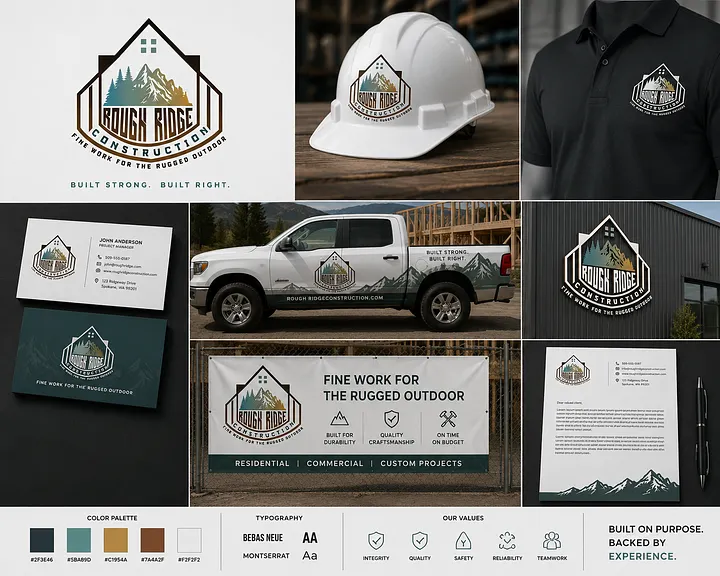 Custom Home Builder & Mountain Construction Logo Design USA Rough Ridge Construction logo featuring a house, mountains and pine trees on a contractor pickup truck, hard hat, black polo shirt and business cards.