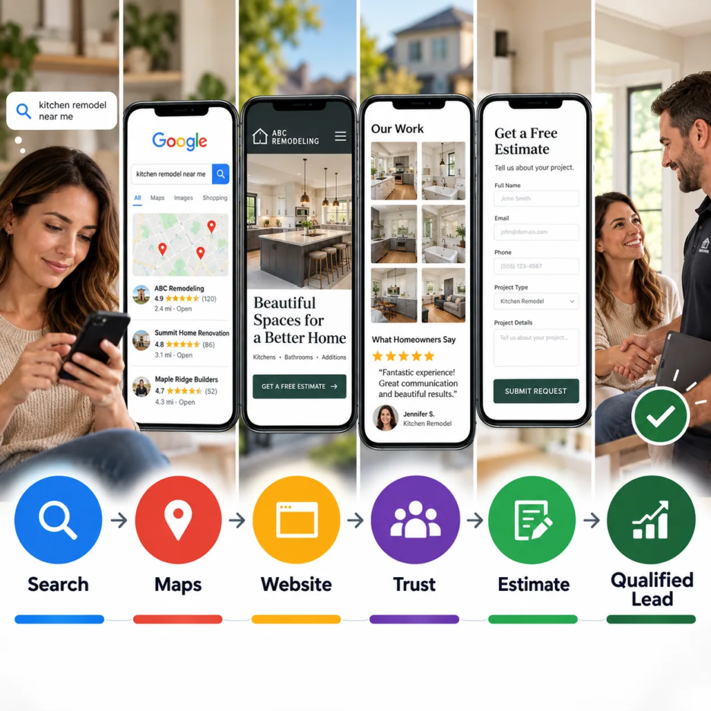Remodeling Contractor SEO Lead Generation Funnel Homeowner journey from Google search to qualified remodeling contractor lead