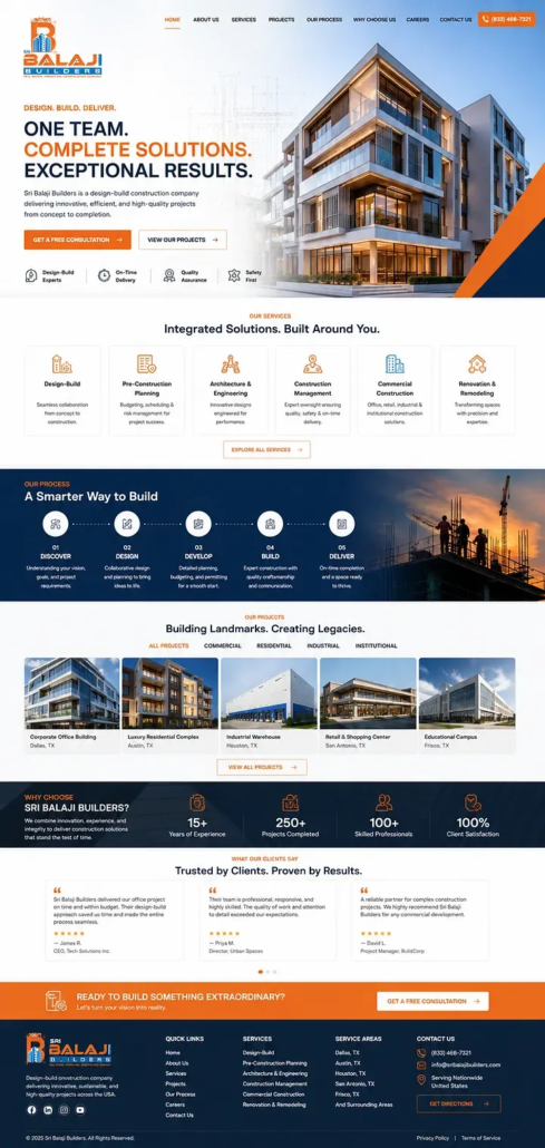 Design-Build Construction Website Design Example for U.S. Contractors Design-build construction contractor website example for a U.S. company, featuring a professional website layout for integrated design and construction services.