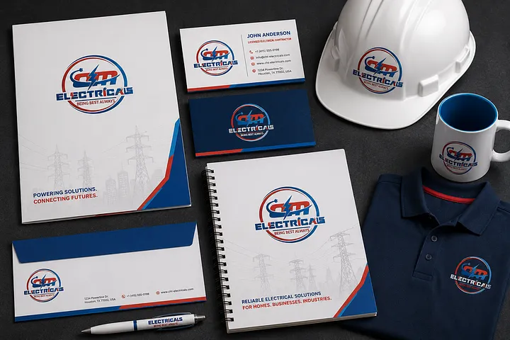 Electrical Contractor Logo Design & Professional Branding USA Red and blue GTM Electricals logo with lightning bolt graphic displayed on a safety helmet, polo shirt, business cards, notebook and corporate stationery.