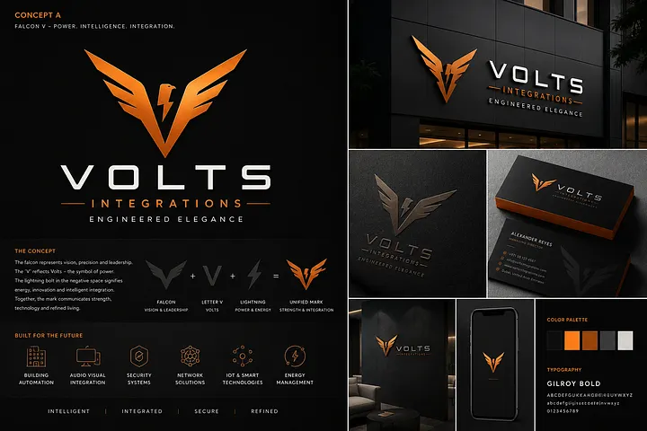 Premium Electrical Contractor Logo Design & Brand Identity USA Orange falcon and lightning bolt logo for VOLTS Integrations with black premium branding, business cards and signage for a U.S. electrical contractor.