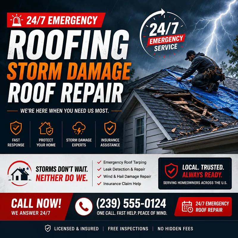 Emergency Roofing and Storm Damage Website Banner 24/7 emergency roofing website design featuring storm damage roof repair, emergency roof tarping, insurance assistance, and a prominent call-now button for U.S. homeowners.