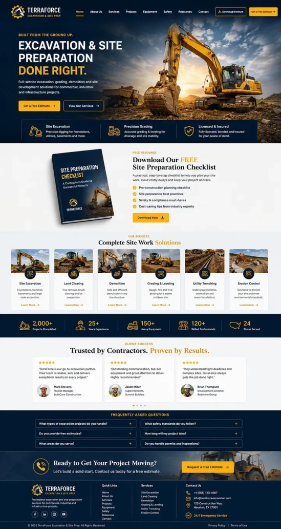 Excavation & Site Preparation Website Design Example for U.S. Contractors Excavation and site preparation contractor website design example for a U.S. construction company specializing in earthmoving, grading, and land development services.