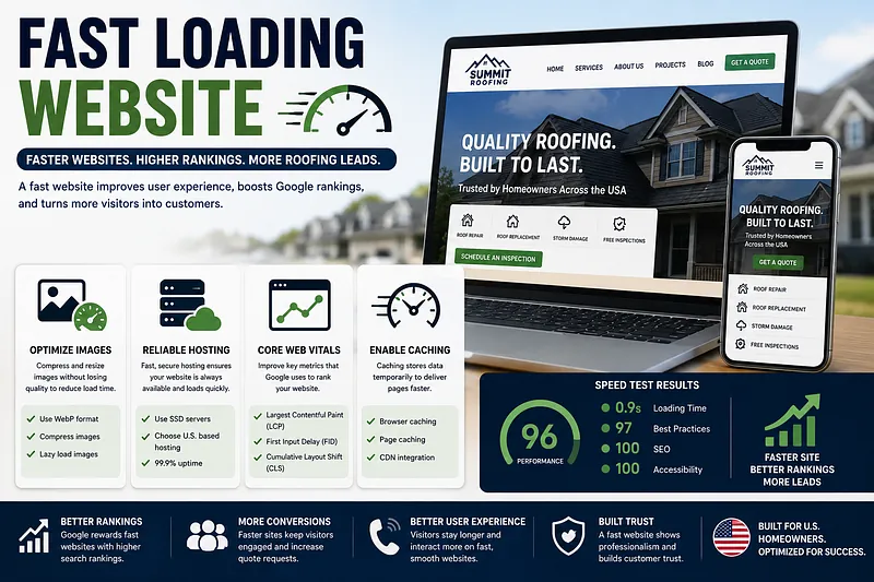 Fast Loading Roofing Website Design for U.S. Contractors Fast-loading roofing website design showing desktop and mobile layouts, website speed optimization features, and performance scores.