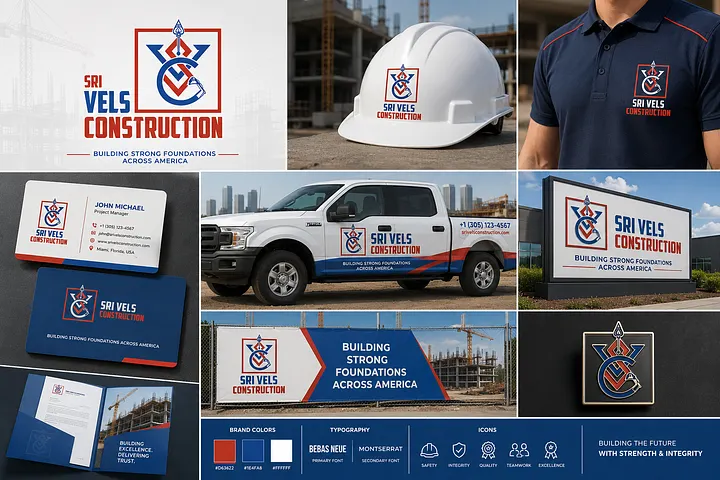 Professional General Construction Company Logo & Branding USA Red and blue Sri Vels Construction logo with geometric construction symbol displayed on a pickup truck, hard hat, work uniform, business cards and signage.