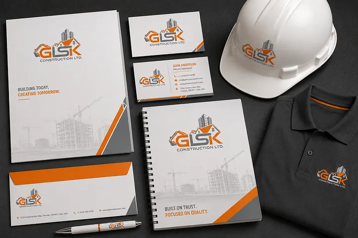 Professional General Contractor Logo Design & Branding USA Orange and gray GSK Construction logo with building graphics on a hard hat, polo shirt, business cards and stationery for U.S. general contractor branding.