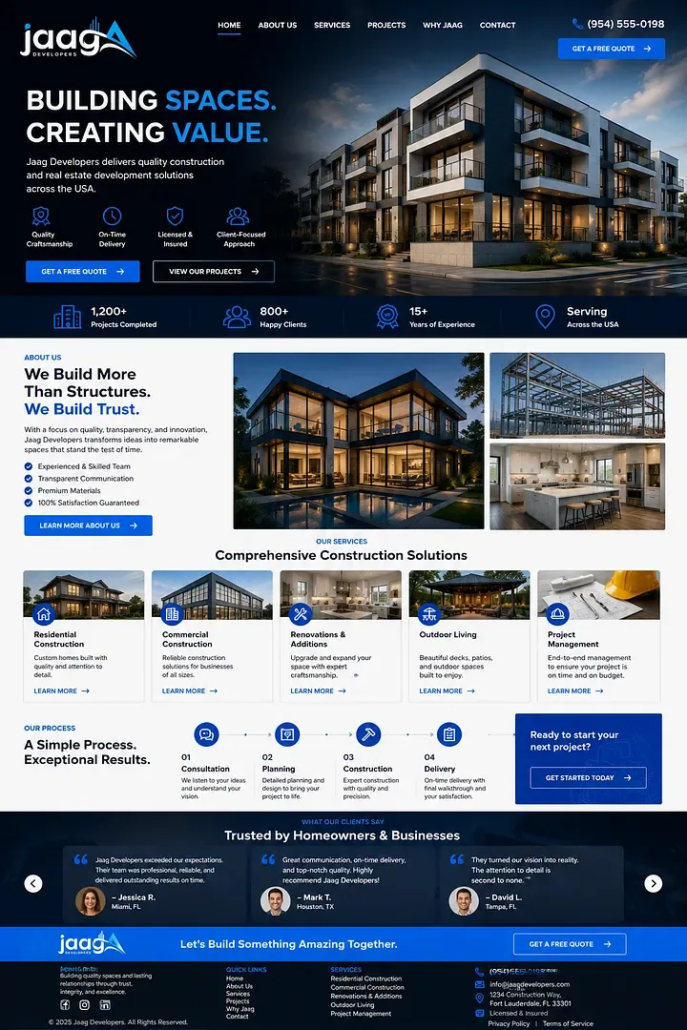 General Contractor Website Design Example for U.S. Construction Companies General contractor website design example for a U.S. construction company, featuring a professional layout highlighting residential and commercial construction services.