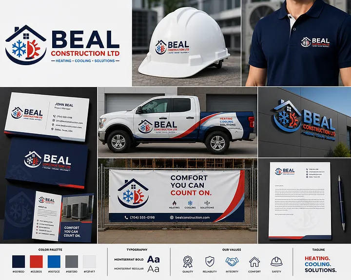 HVAC Contractor Logo Design for Heating & Cooling Companies USA Red and blue BEAL Construction HVAC logo with snowflake, flame and house symbols displayed on service truck, hard hat, uniform, business cards and signage.