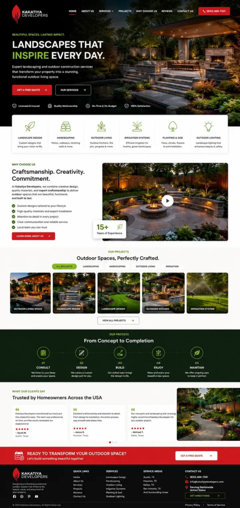Landscaping & Outdoor Construction Website Design Example for U.S. Contractors Landscaping and outdoor construction contractor website design example for a U.S. company specializing in landscape design, hardscaping, and outdoor living projects.