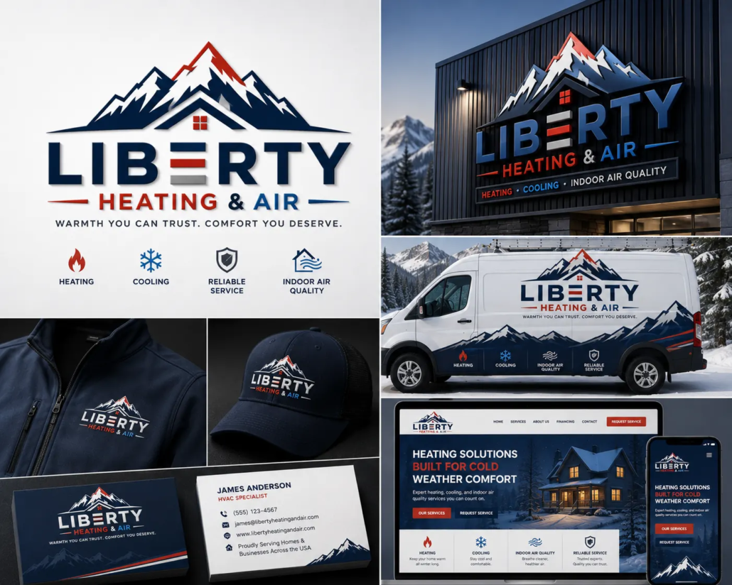 HVAC Company Logo Design & Branding for U.S. Heating and Cooling Contractors Liberty Heating & Air HVAC logo featuring mountain peaks and a house roof, displayed on a service van, technician jacket, cap, business cards and website mockups.
