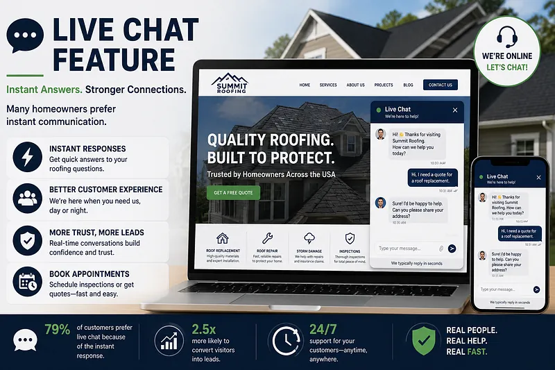 Roofing Website Live Chat Feature for Lead Generation Roofing contractor website with live chat windows on desktop and mobile, showing a homeowner requesting a roof replacement quote.