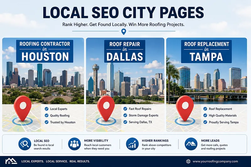 Local SEO City Pages for U.S. Roofing Contractors Roofing local SEO city page examples featuring Houston, Dallas, and Tampa skylines with location-specific roofing services.
